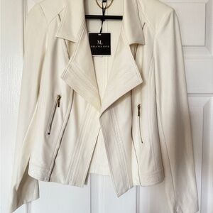 Cream Moto Leather Jacket Asymmetrical Front